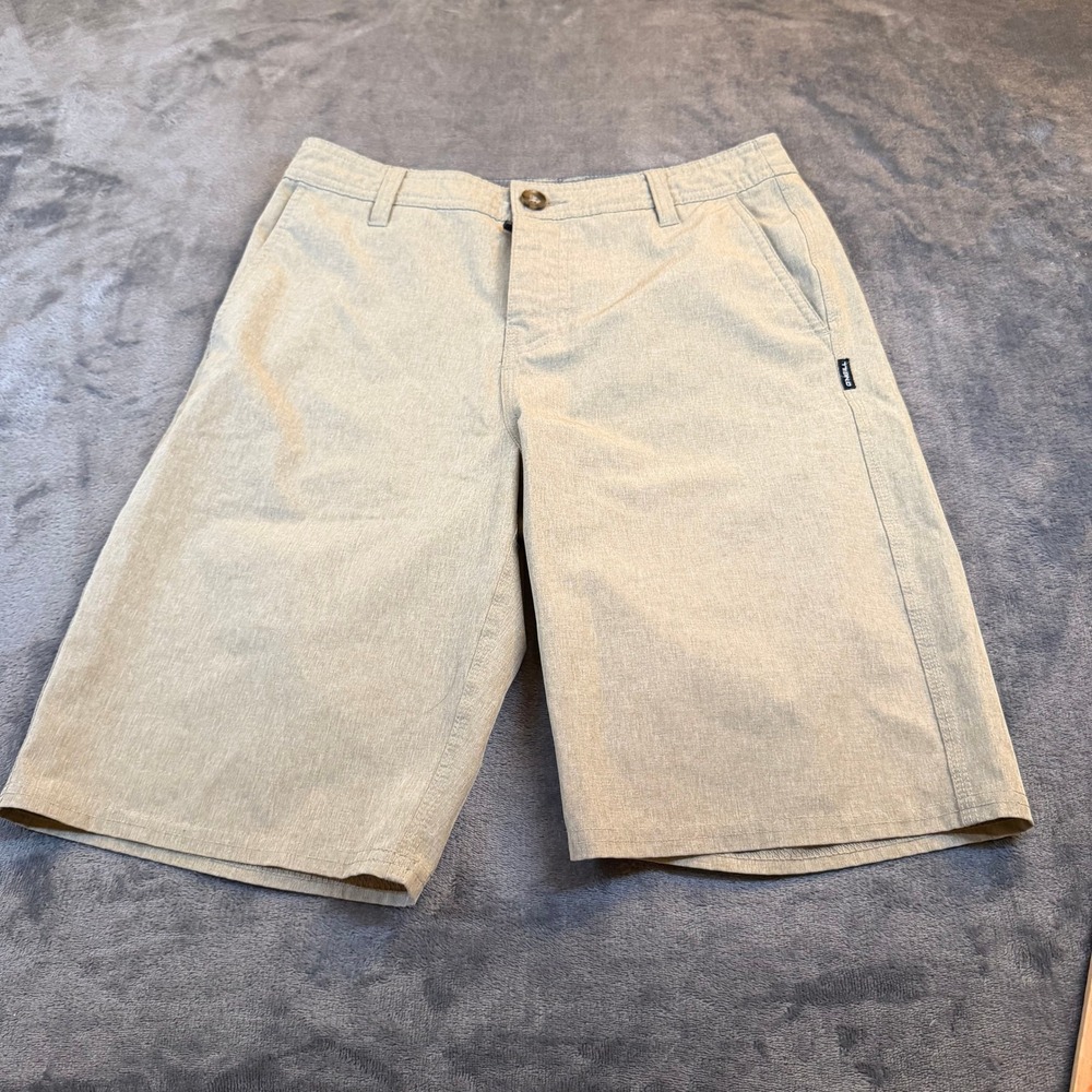 O'Neill Hybrid Board Shorts Swim Trunks Tan Flat Front Nylon Stretch Mens 28"